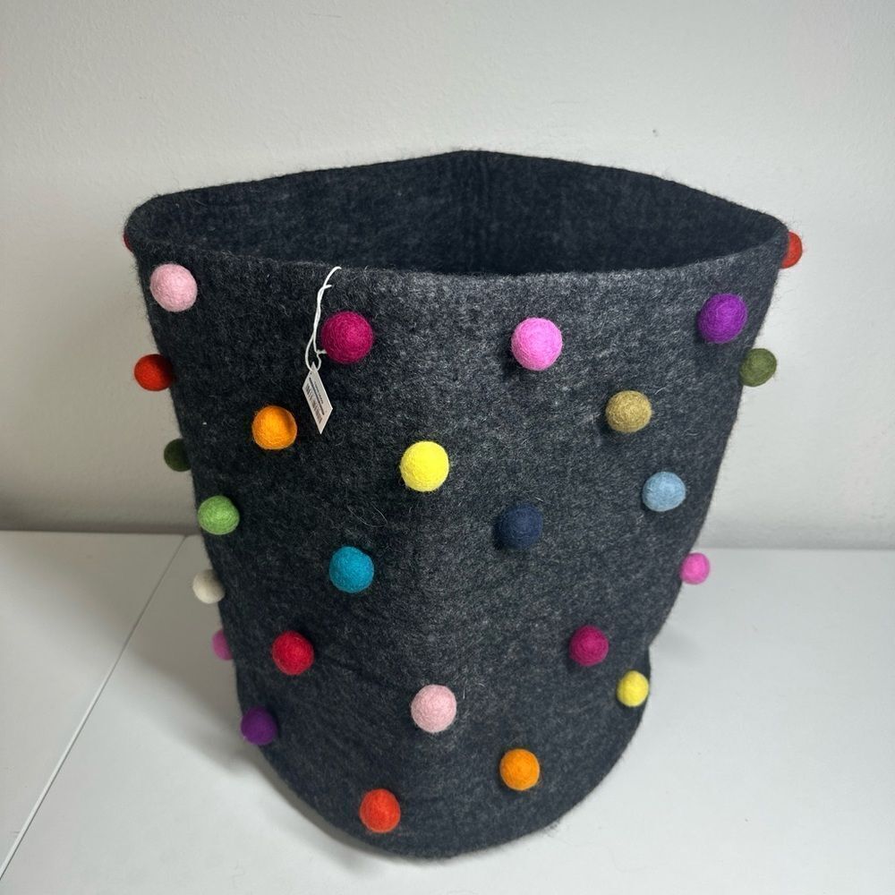 Rare Wool Felt Big Basket Gray Made In Nepal New Zélande Wool